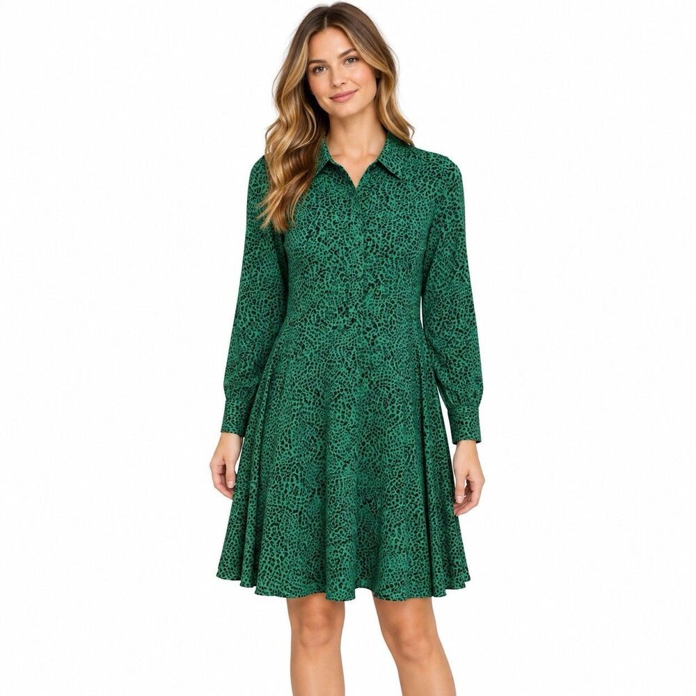 Nanette Lepore Dress Womens 6 Green Leopard Print Long Sleeve Shirt Fit Flare